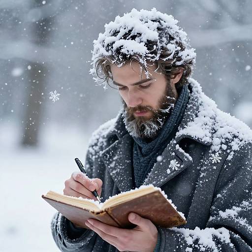 Photograph of a bearded man with snow-covered hair, wearing a dark coat and scarf, writing in a snow-dusted open book outdoors in a