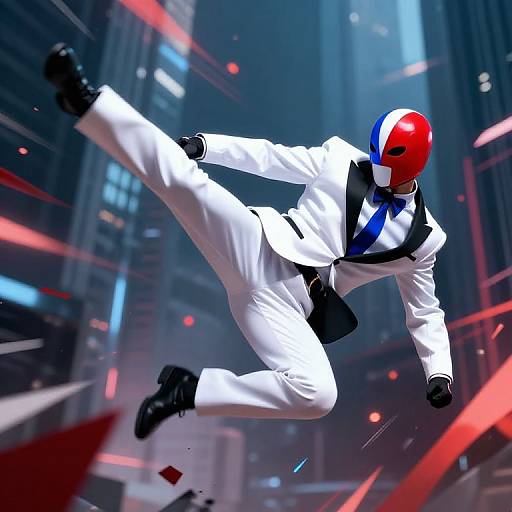 Dynamic CGI of a masked figure in a white suit and red helmet performing a high kick in a futuristic, neon-lit cityscape.