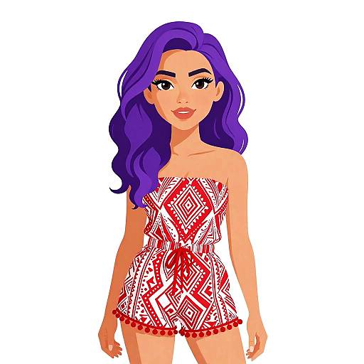 Digital illustration of a confident woman with long, wavy purple hair, wearing a strapless, red and white geometric patterned romper, standing against