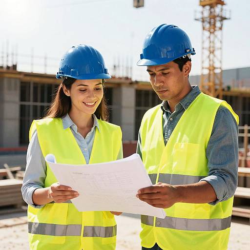 Photograph of a smiling Asian woman and man in blue hard hats and yellow safety vests, reviewing a blueprint outdoors on a construction site.