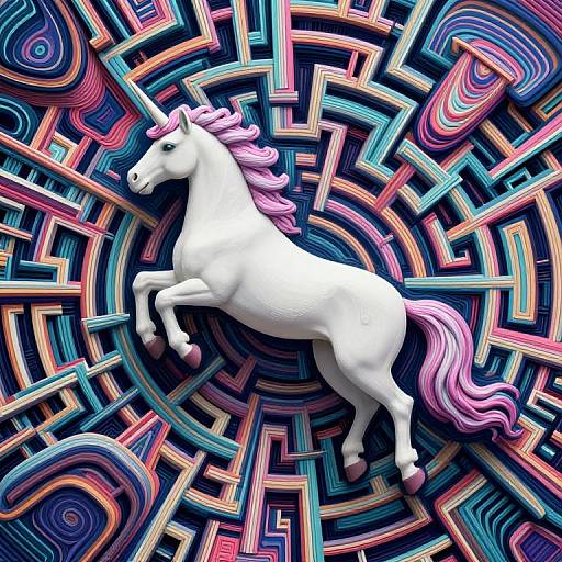 Digital art of a white unicorn with pink mane and tail, rearing up against a vibrant, colorful, maze-like geometric background.