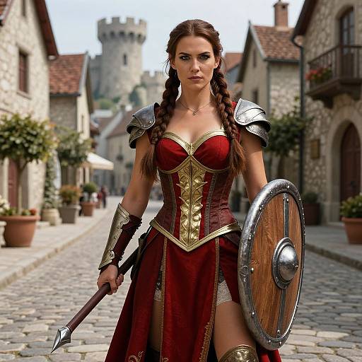 Digital art of a strong, fair-skinned woman with braided brown hair, wearing a red and gold Roman-style armor dress, holding a spear and