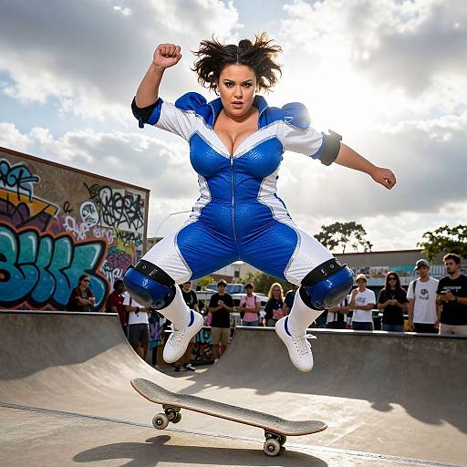 Photograph of a muscular woman with curly hair, wearing a blue and white zip-up jumpsuit, knee pads, and white sneakers, performing an o