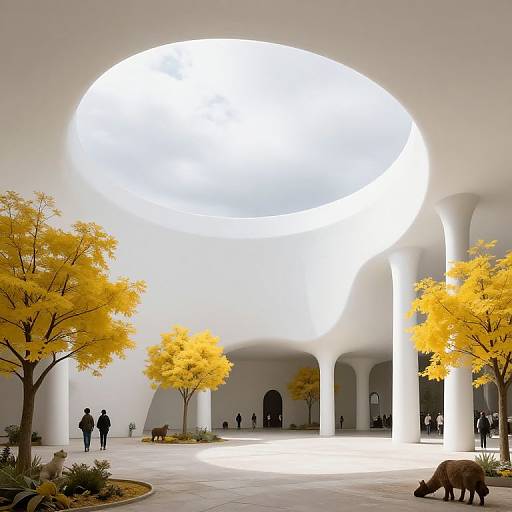 Photograph of a modern, white, circular-roofed building with yellow autumn trees, people walking, and a dog sniffing the ground.