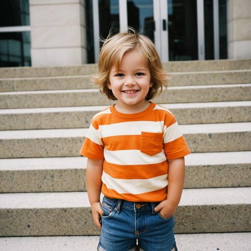 Smiling Toddler Boy in Striped Tee and Denim Shorts
