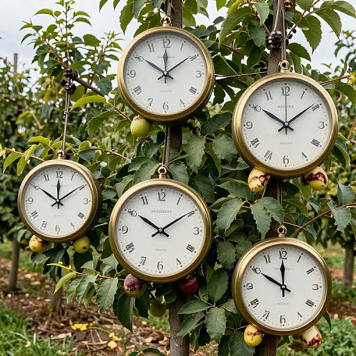 Photograph of six round, gold-framed clocks with black hands, hanging from a fruit tree with green leaves and yellow apples.
