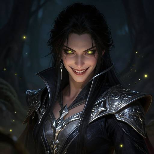 Digital artwork of a dark-haired, glowing-yellow-eyed woman with a sinister grin, wearing ornate black armor, set against a dark, forest-like background