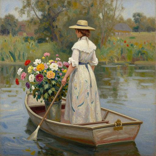 Flower Boat Countrywoman Oil Painting
