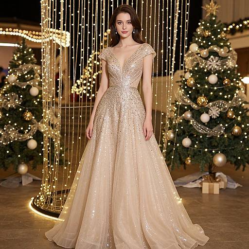 Photograph of a beautiful woman in a sparkly, floor-length, V-neck gold gown, standing in front of a Christmas tree adorned with lights and
