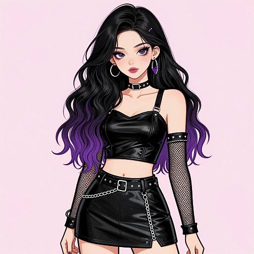 Digital anime-style drawing of a dark-haired woman with purple ombre hair, wearing a black leather crop top, skirt, fishnet sleeves, ch