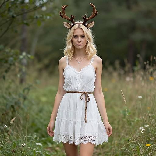Photograph of a blonde woman with antler headband, wearing a white lace dress, standing in a grassy forest meadow.