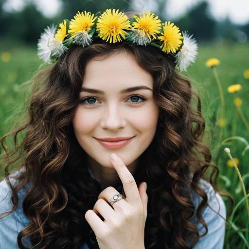 Young woman with dandelion flower crown smiling outdoors