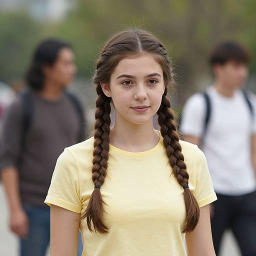 Photograph of a young girl with long brown braids, wearing a yellow shirt, standing in a blurred outdoor setting with two blurred individuals in the background