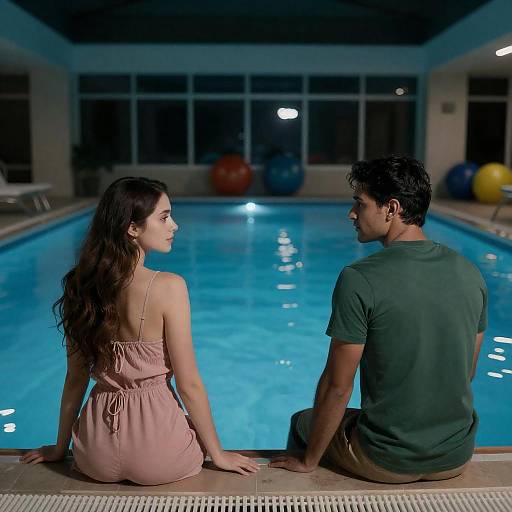 Couple Sitting by Indoor Pool at Night