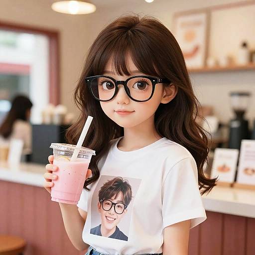 Photograph of a young Asian girl with long dark hair, black glasses, and white T-shirt featuring a smiling boy's face, holding a pink drink