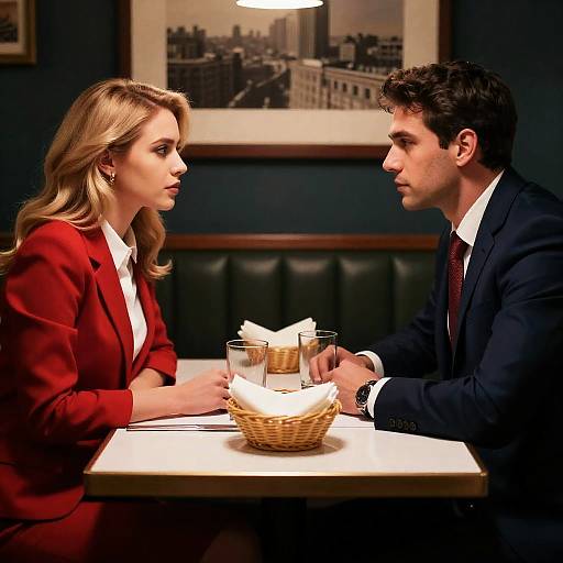 Couple Facing Each Other in Dimly Lit Restaurant
