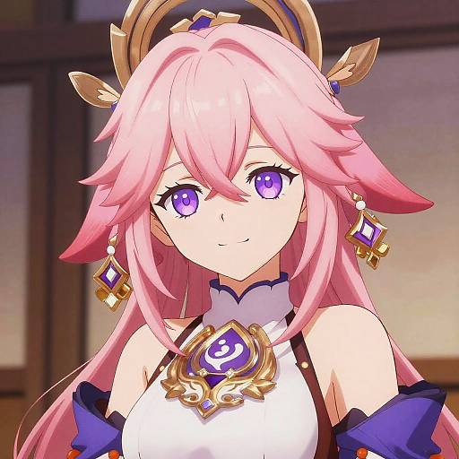 Digital anime-style portrait of a pink-haired girl with purple eyes, gold headpiece, and ornate blue and gold necklace, smiling softly.