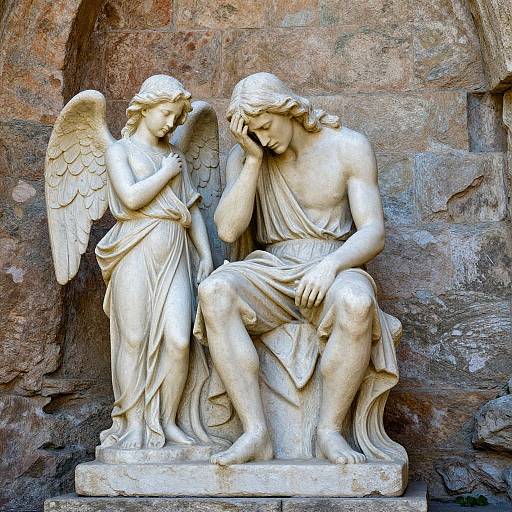 Photograph of a detailed white marble statue depicting a winged angel gently comforting a sorrowful, seated, semi-nude male figure with a thoughtful expression