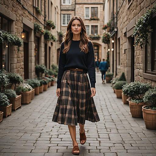 Chic Woman Walking on Rustic Stone Street