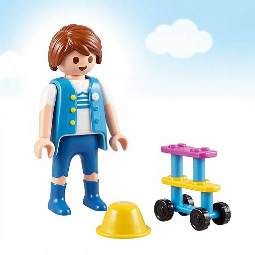 Photograph of a LEGO-style plastic figurine of a brown-haired boy in blue shorts and vest, standing beside a colorful toy balance beam and yellow cone