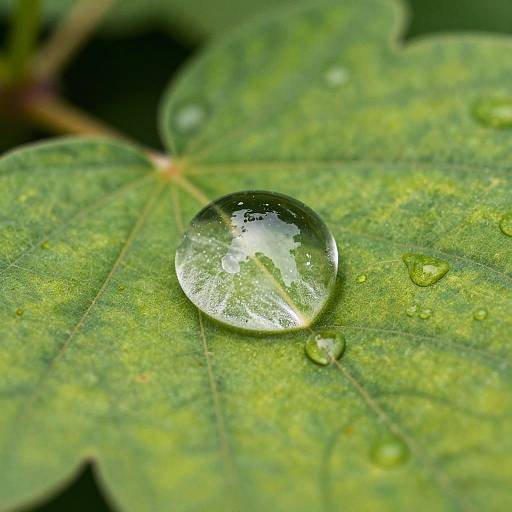 Close-up photograph of a clear, reflective water droplet on a vibrant green leaf with smaller droplets scattered around.