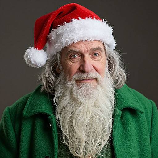 Photograph of an elderly white man with a long white beard, wearing a red Santa hat with white trim, and a green wool coat, against a