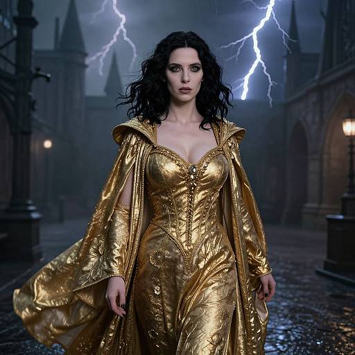 Photograph-style CGI: Dark-haired woman with pale skin in a gold, intricately detailed dress and cape, standing in a stormy, Gothic cathedral