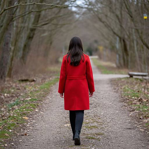 Photograph of a woman with long dark hair, wearing a bright red coat, black pants, and black boots, walking down a gravel path flanked