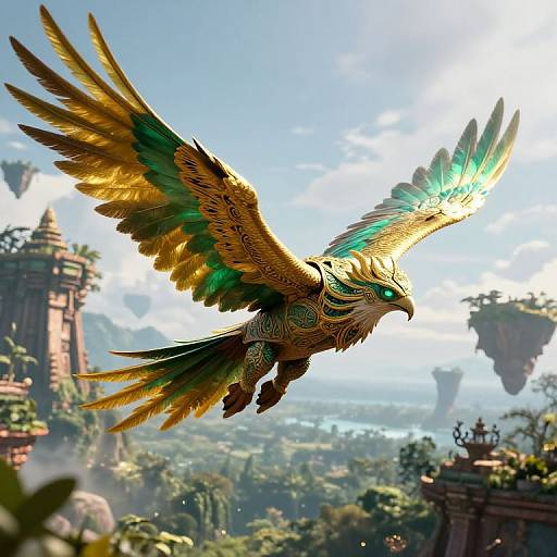 Digital artwork of a golden, green-feathered bird with intricate patterns soaring above a mystical, lush, jungle-filled landscape with floating islands and ancient ruins