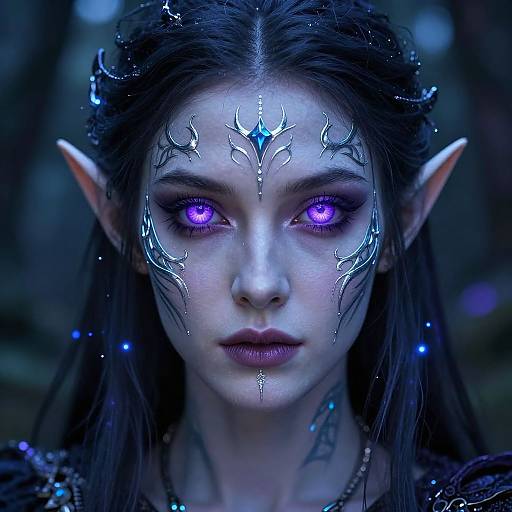 Digital artwork of a pale-skinned, elf-like woman with glowing purple eyes, intricate blue face markings, pointed ears, and dark hair, set against