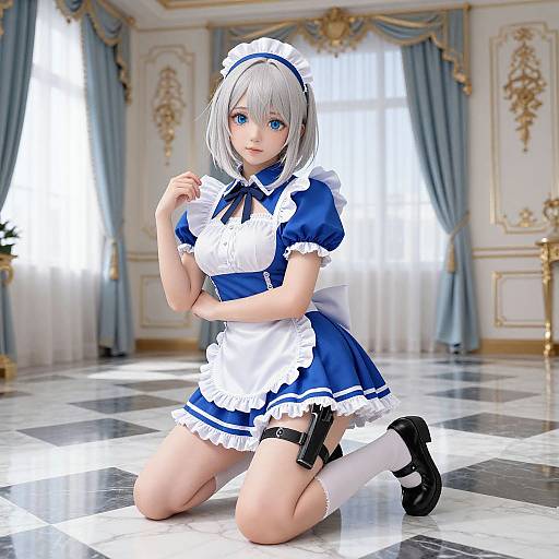 Digital anime-style maid with short silver hair, blue and white dress, black shoes, and gun holster, kneeling on checkered floor in ornate room