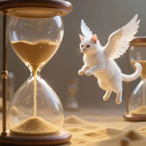 Photograph of a white, winged kitten mid-flight above two wooden hourglasses with sand, glowing under soft light, creating a magical, timeless