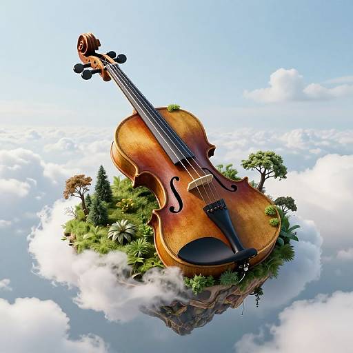 Digital artwork of a wooden violin floating on a small, lush green island with trees, surrounded by clouds and blue sky.