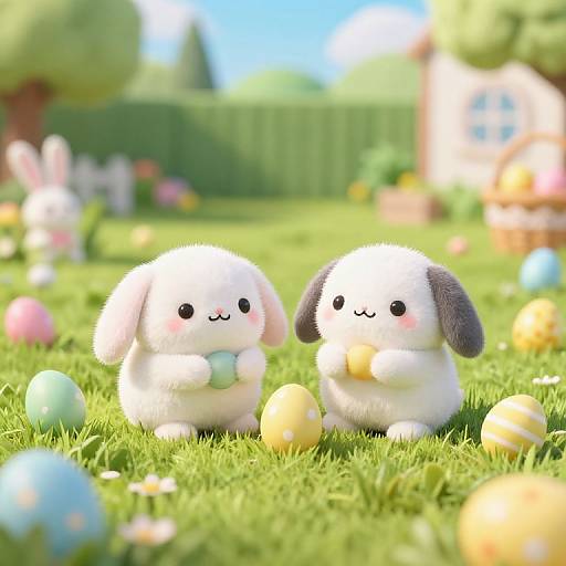 Adorable CGI image of two fluffy white and black bunny-like creatures with blushing cheeks, holding eggs, in a bright, sunny garden with colorful Easter