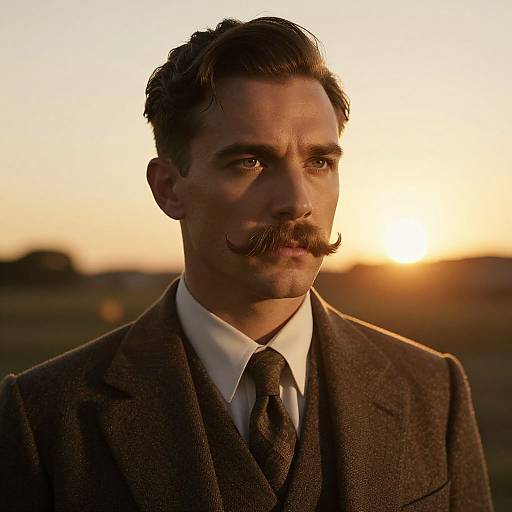 Photograph of a handsome man with dark hair and a thick mustache, wearing a brown suit and tie, set against a golden sunset background.