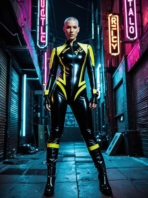Futuristic Woman in Neon Catsuit in Urban Alley