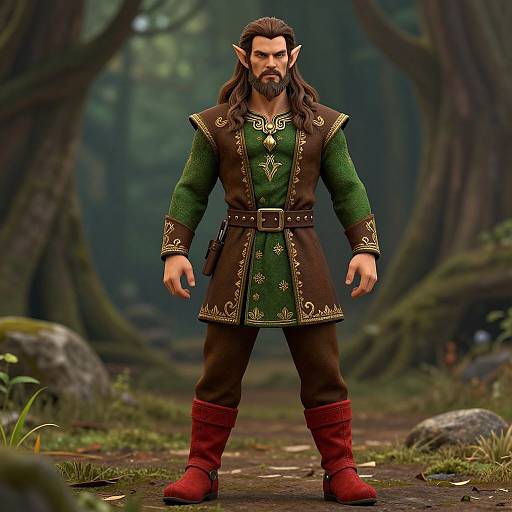 Photorealistic CGI of a muscular, bearded elf with long brown hair, pointed ears, wearing a green and brown ornate tunic, red