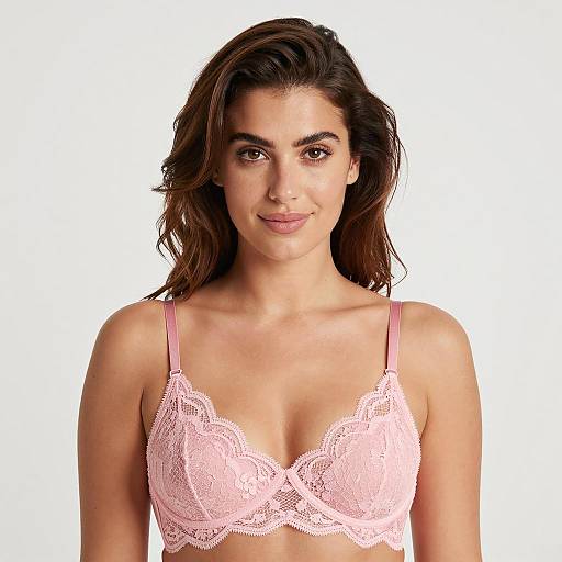 Woman in Pink Lace Bra on White Background
