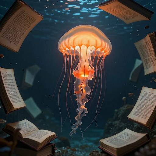 Photograph of a glowing orange jellyfish with translucent tentacles surrounded by floating, open books in a dark, underwater setting.