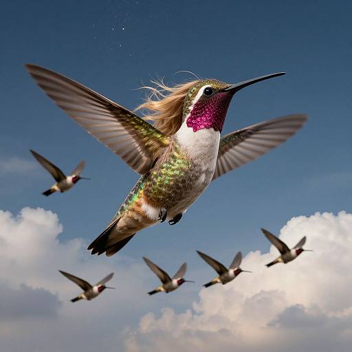 Photograph of a vibrant, iridescent hummingbird with a magenta throat, green and white feathers, mid-flight against a blue sky with fluffy