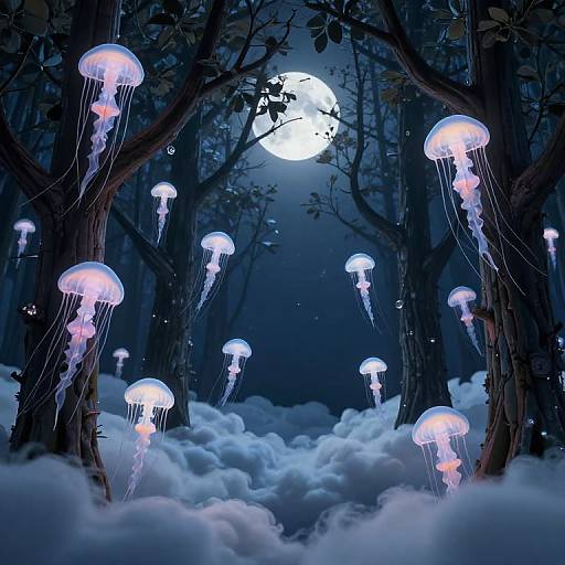 Photograph of glowing jellyfish floating in a moonlit, snow-covered forest, with tall, dark trees surrounding them under a bright, full moon.