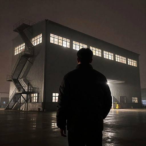 Mysterious Figure Against Industrial Nightscape