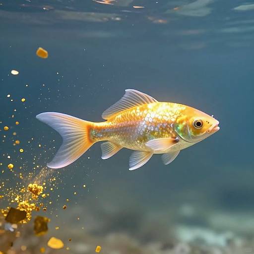 Photograph of a vibrant, golden-orange fish with white fins and tail, swimming in a deep blue underwater environment, surrounded by scattered yellow particles and a
