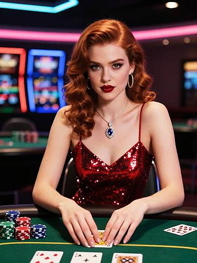 Digital art of a red-haired woman in a sequined red dress, sitting at a poker table, with poker chips and cards, in a brightly lit