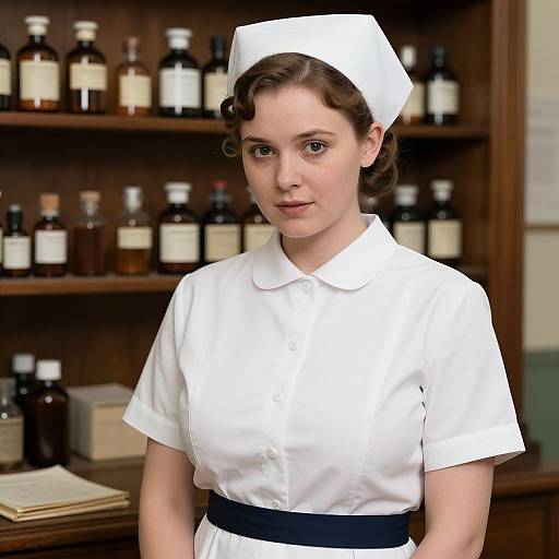 Photograph of a young white woman with wavy brown hair, wearing a white nurse uniform and cap, standing in front of a wooden shelf with numerous