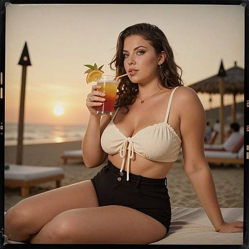 Photograph of a curvy woman with wavy brown hair, wearing a white tied-bralette and black shorts, sipping a tropical cocktail at