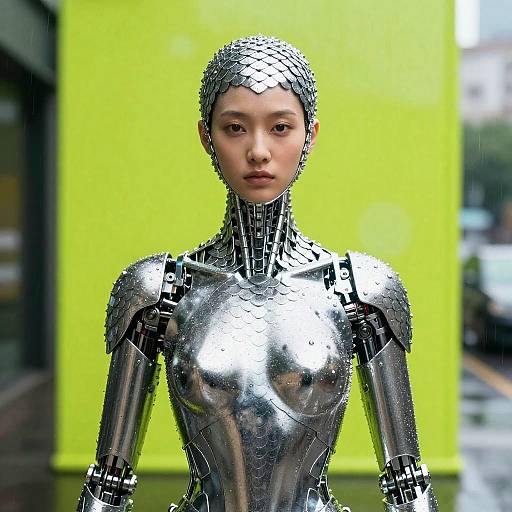 Cyberpunk Silver-Armored Synthetic Warrior