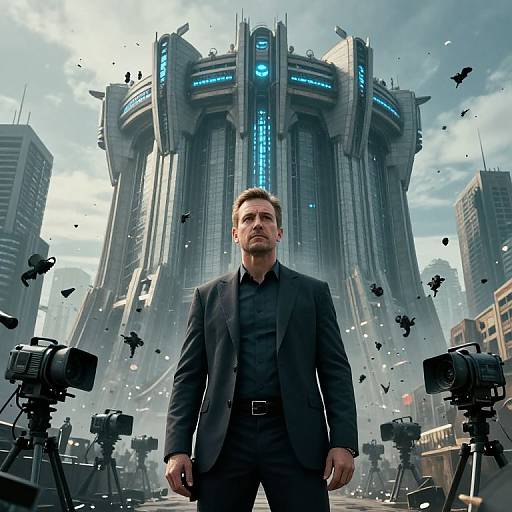 Photorealistic CGI: Serious man in black suit, standing confidently in front of futuristic, towering skyscraper with blue lights, surrounded by falling debris and