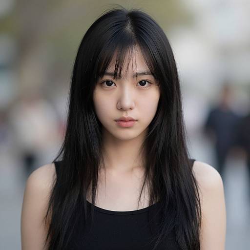 Photograph of an East Asian woman with long, straight black hair, wearing a black sleeveless top, standing in a blurred urban background.