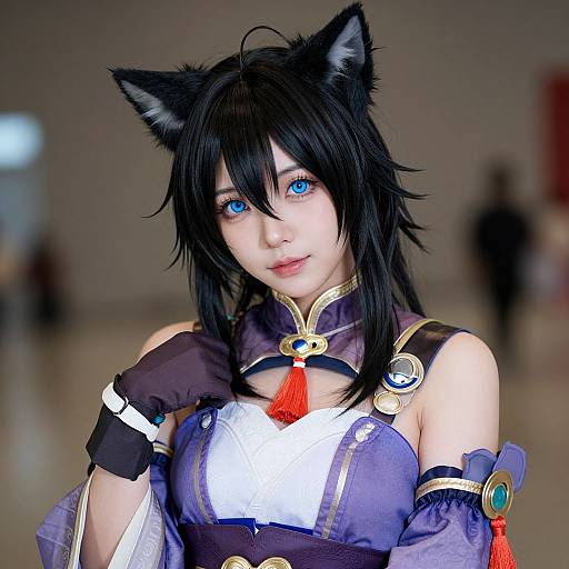 CGI anime-style photograph of a young woman with black cat ears, blue eyes, and black hair, wearing a purple and white cosplay outfit with gold